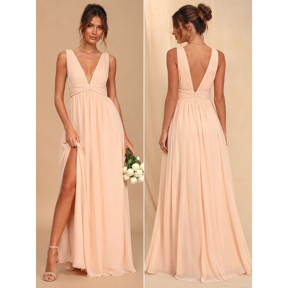 Lulus Heavenly Hues Blush Pink Maxi Dress V-Neck Pleated Formal Gown NWT Flaw